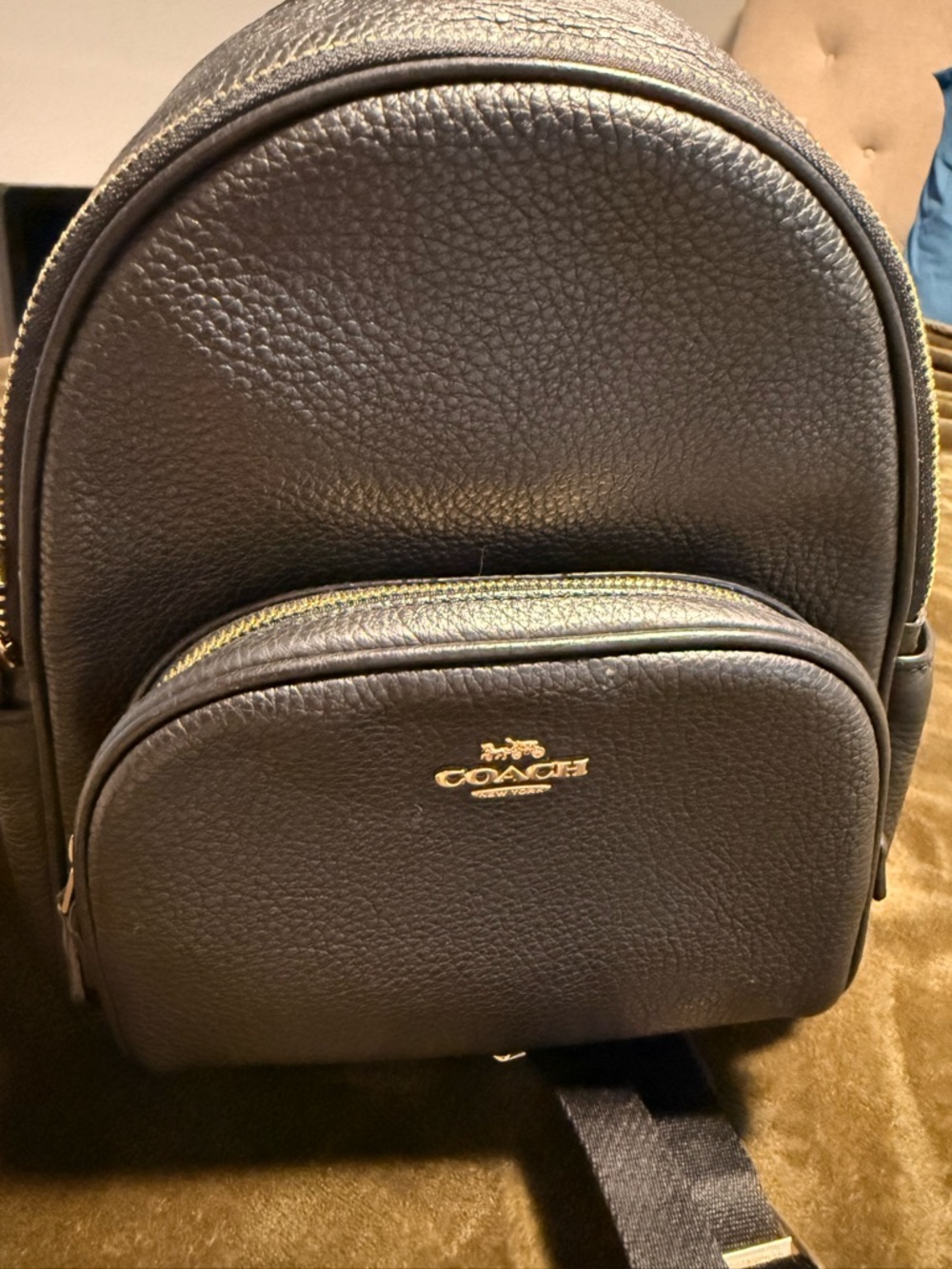 Coach Black Pebbled Leather Mini Backpack with Gold Logo